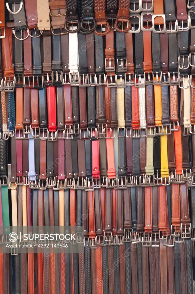 Italy, Tuscany, Florence, Leather Belts at a Market