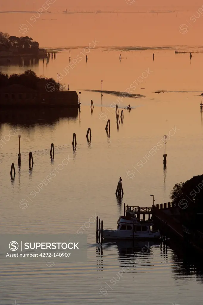 Italy, Veneto, Venice, sunset from San Giorgio Maggiore bell tower, lagoon