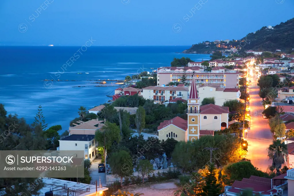 Greece, Ionian Islands, Zante, Argassi town at dusk