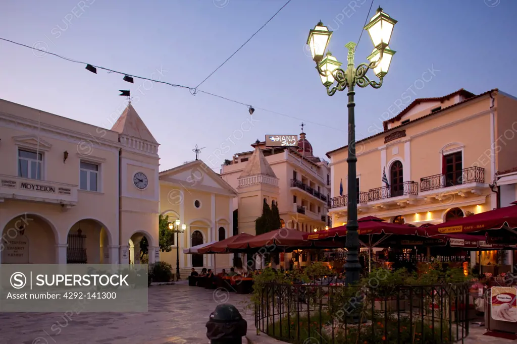Greece, Ionian Islands, Zante, St.Markos square, restaurant at dusk