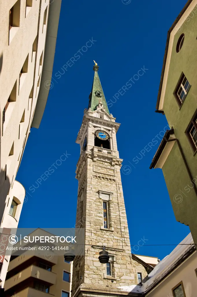 Belltower Evangelische kirke, St. Moritz, Switzerland