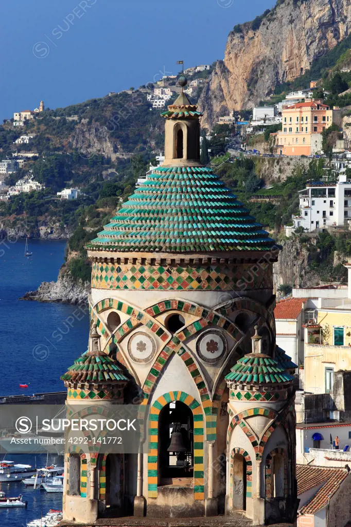 Italy, Campania, Amalfi, View of the town and the cathedral belltower
