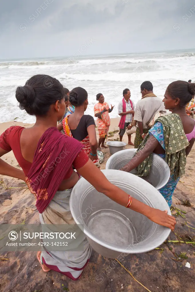 India, Orissa, Puri, women on the beach waiting for fish