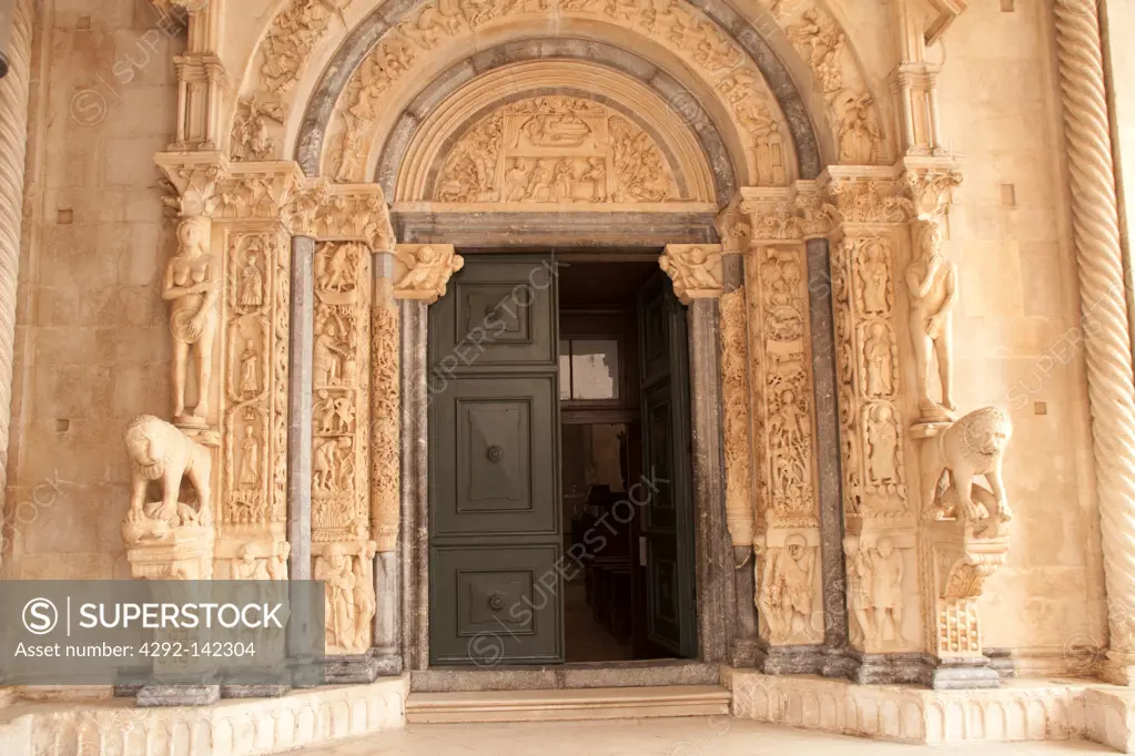 Croatia, Trogir, entrance detail of St. Lorenz church