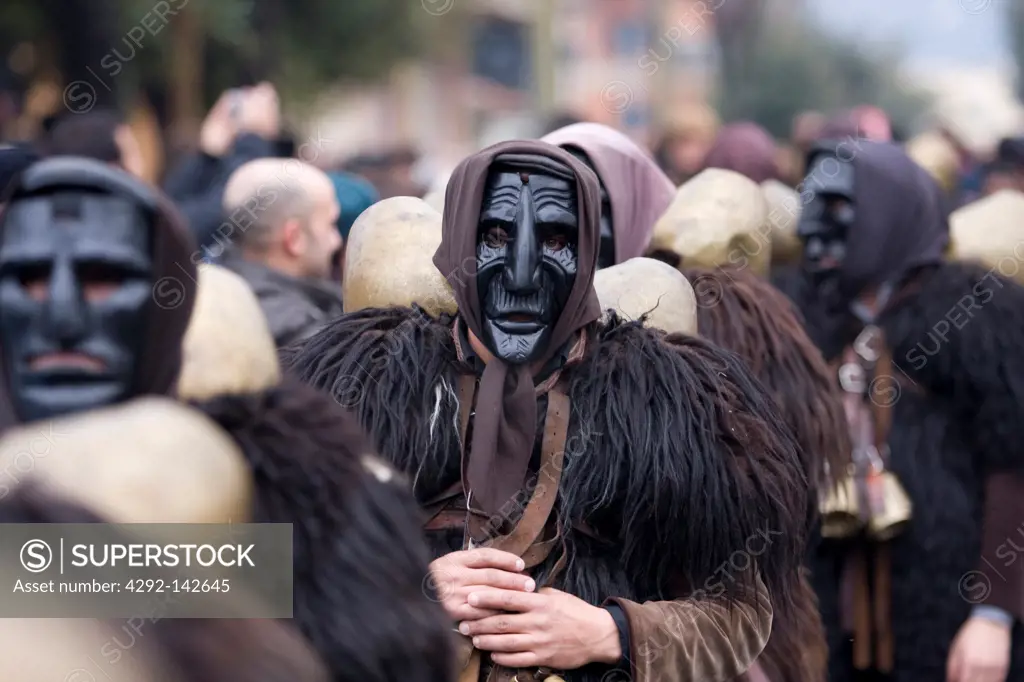 Italy, Sardinia, Mamoiada, Mamuthones is a solemn ceremonial, an orderly procession and dance at the same time