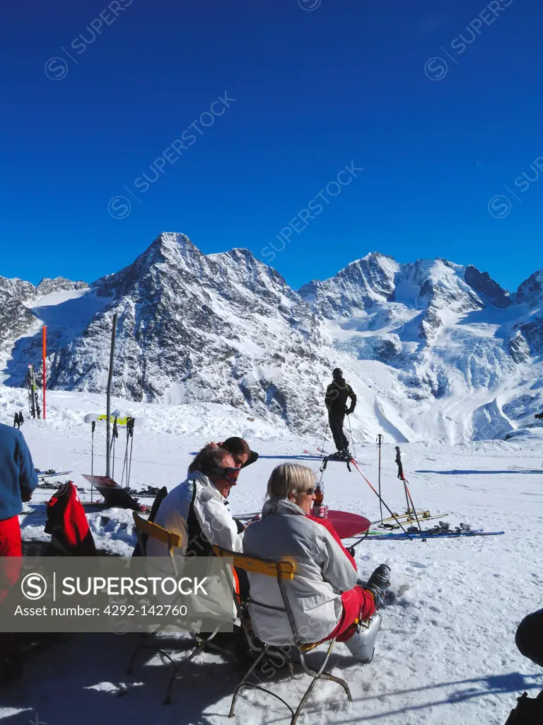 Switzerland, Graubunden, Engadin, Silvaplana, Corvatsch, the ski slopes and Fuorcla Surley restaurant
