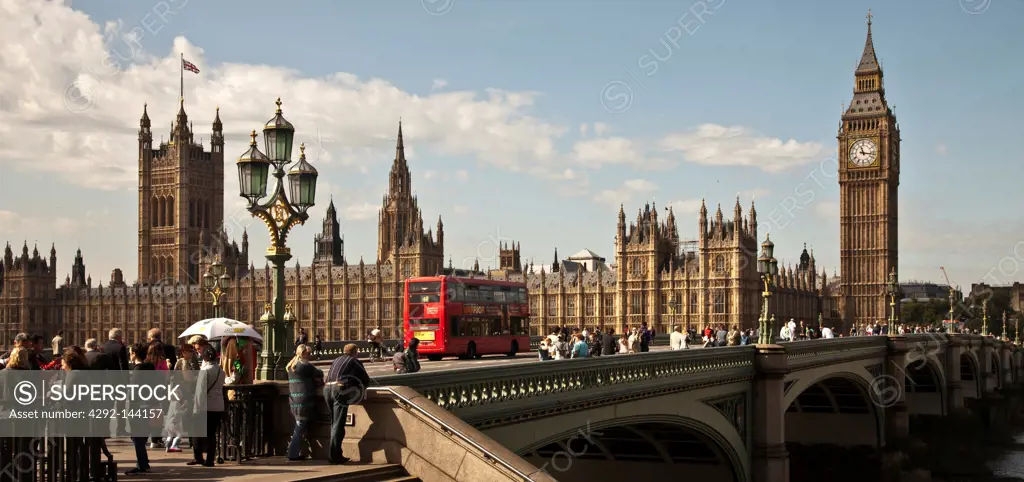 England, England, London, View of big ben and westminster bridge with thames river