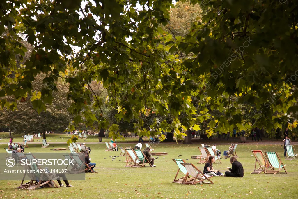 England, London, St James's Park. Deck chairs out on a sunny day in St James's Park.