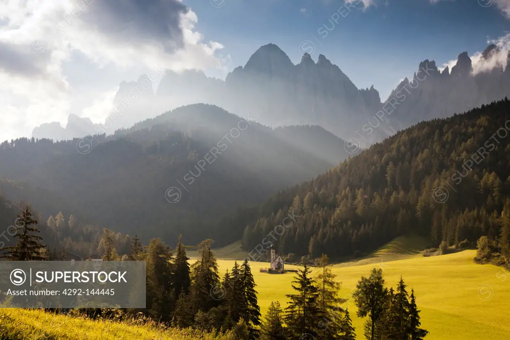 Italy, South Tyrol, Trentino Alto Adige, Dolomites, Funes Valley, St. Johann Church