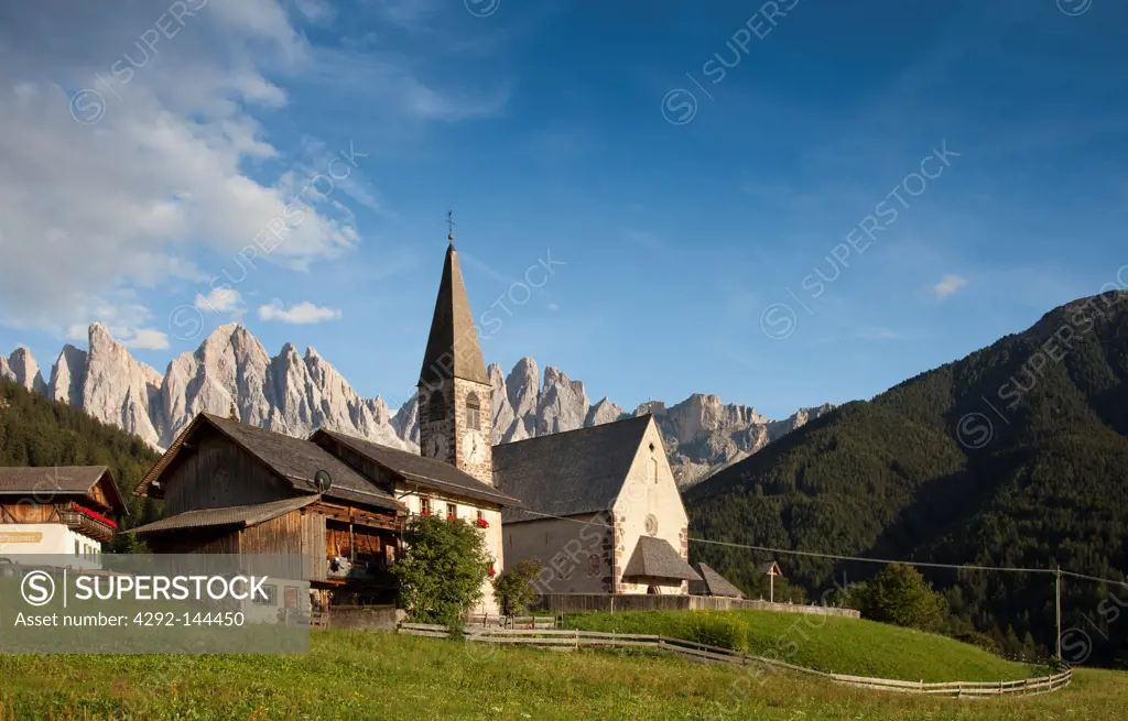 Italy, Trentino Alto Adige, Dolomites: Valley of Funes with church of St. Maddalena