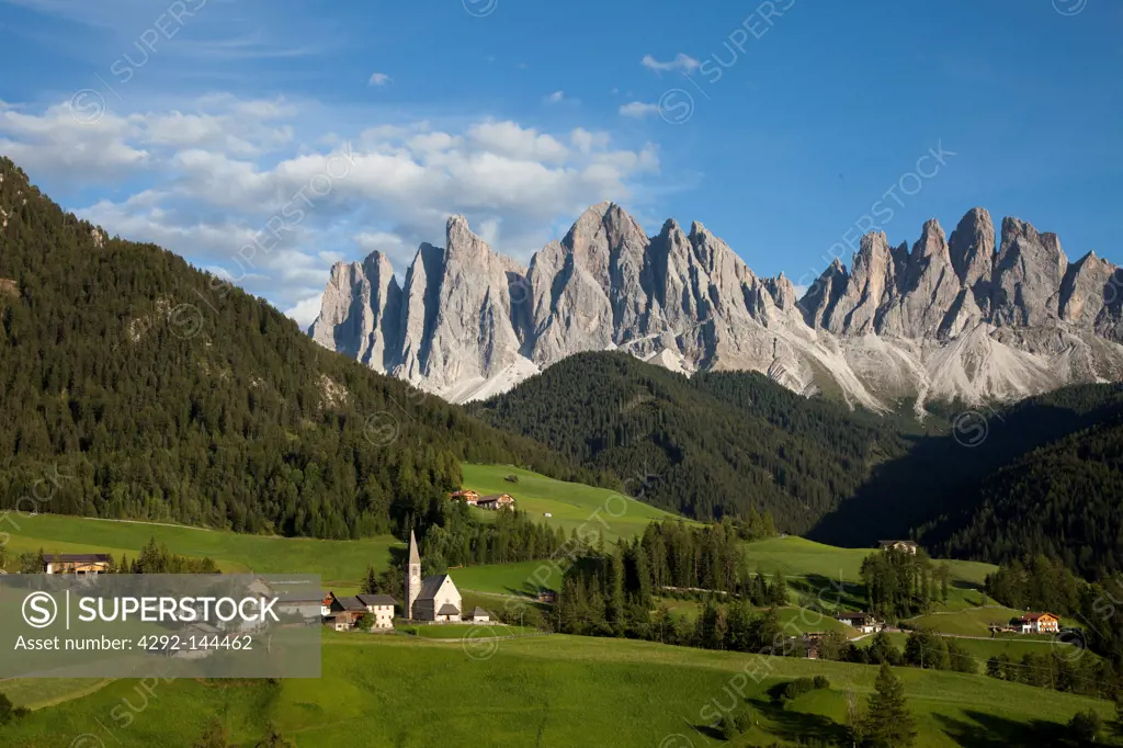 Italy, Trentino Alto Adige, Dolomites: Valley of Funes with church of St. Maddalena