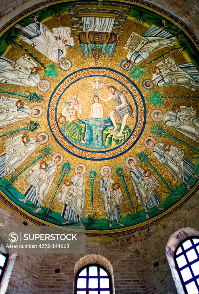 Italy, Ravenna, the mosaic of the dome of the Battistero Degli Ariani.