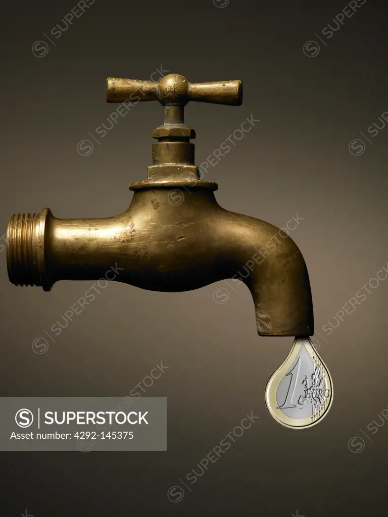 Old tap with one euro drop, abstract on dark brown background