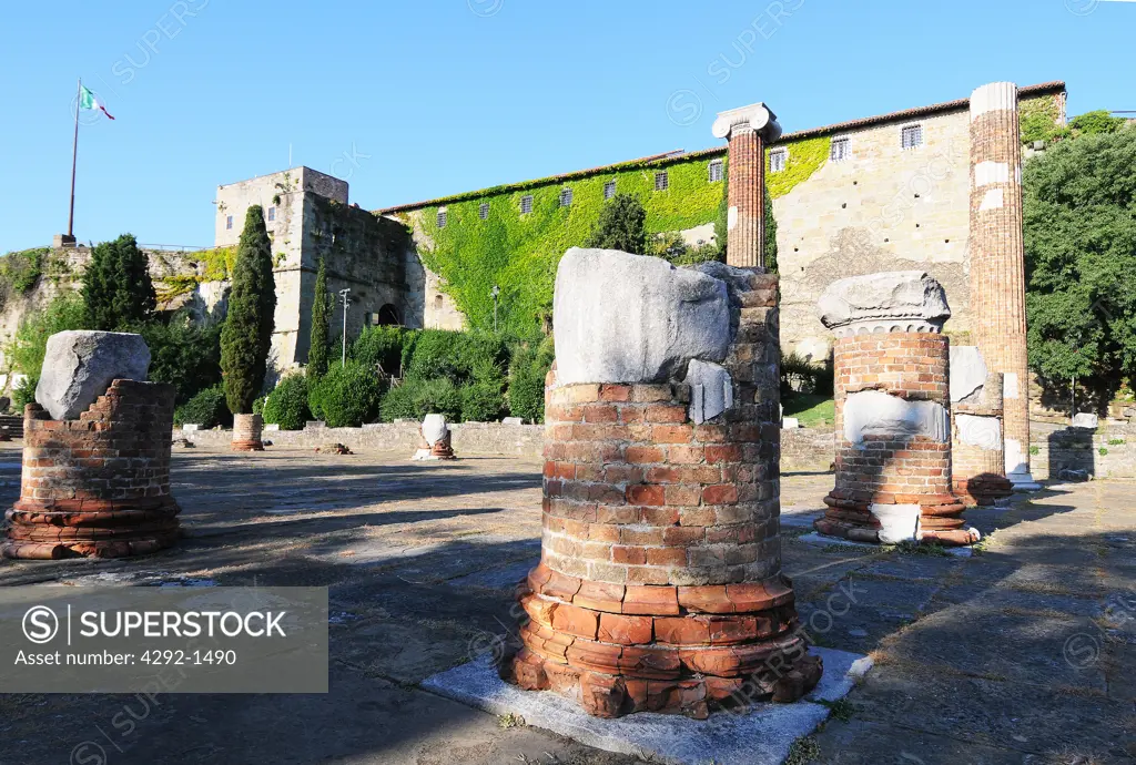 Italy, Friuli Venezia Giulia, Trieste, San Giusto, Columns at the Roman Basilica Ruins