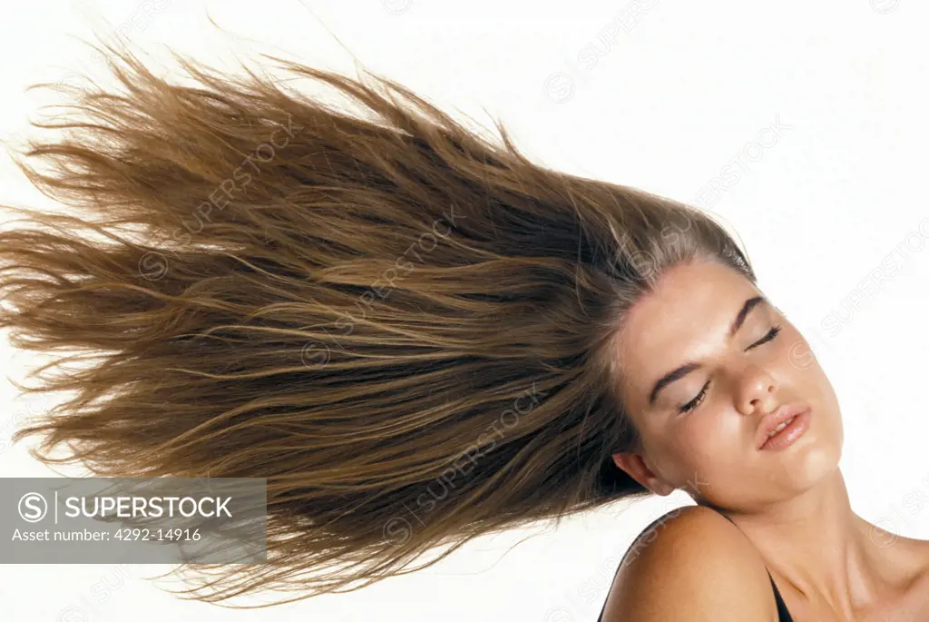 Woman with windswept hair