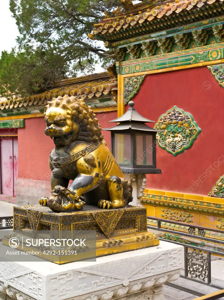China, Biejing, Forbidden City, bronze lion in Yang Xin Dian pavillon