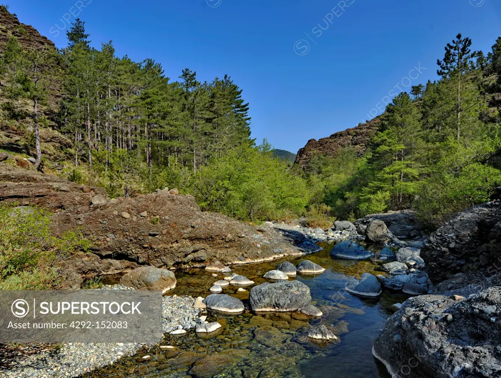 Italy, Liguria, Beigua Natural Park, Val Gargassa with stream and rare rock formation (conglomerate)