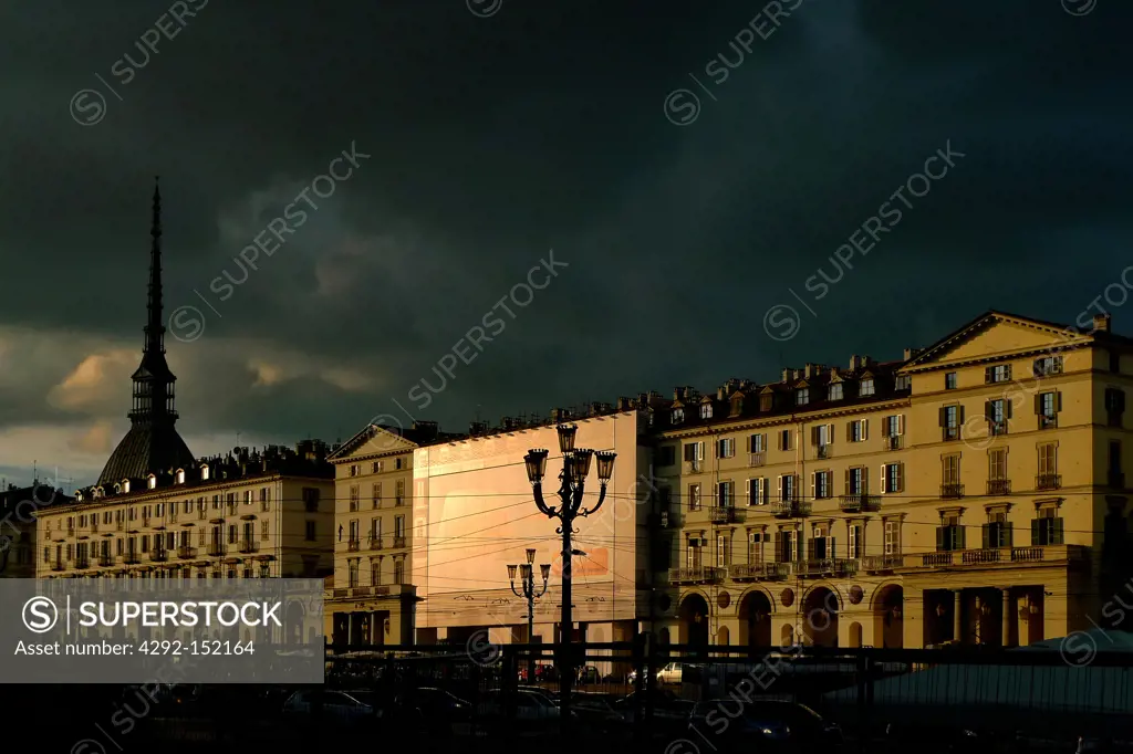 Italy, Piedmont, Torino, piazza Vittorio veneto during storm
