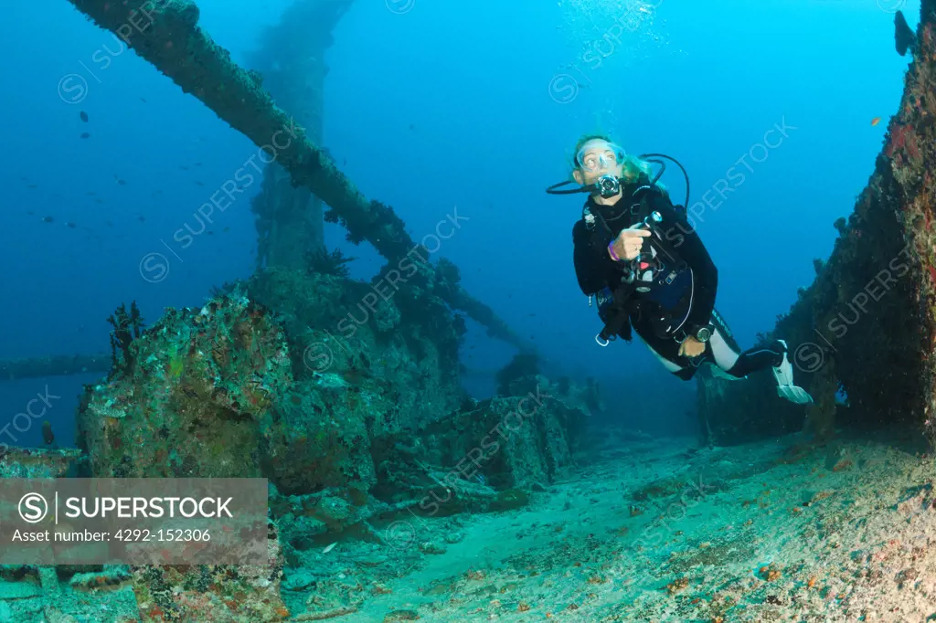 Scuba Diver at Maldive Victory Wreck, North Male Atoll, Indian Ocean, Maldives