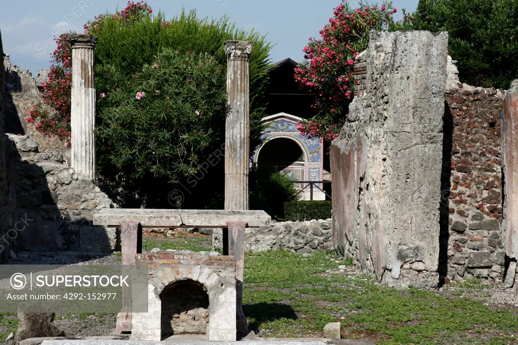 Italy, Campania, Pompei, roman house with columns and mosaics