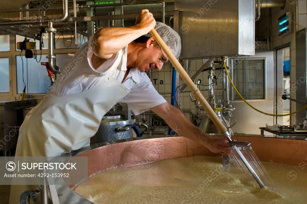 Switzerland, Canton Bern, Affolter Im Emmental, dairy production of Emmental cheese