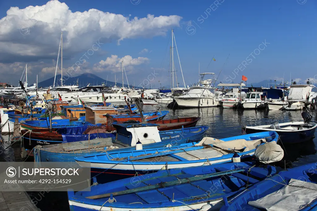 Italy, Campania, Naples, the harbour of Mergellina and the Vesuvius volcano