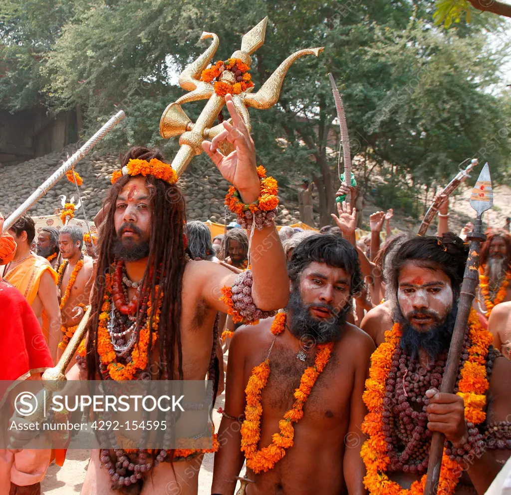 India,Uttar Pradesh, Allahabad (Prayag), Kumbh Mela holy Festival, sadhus on procession