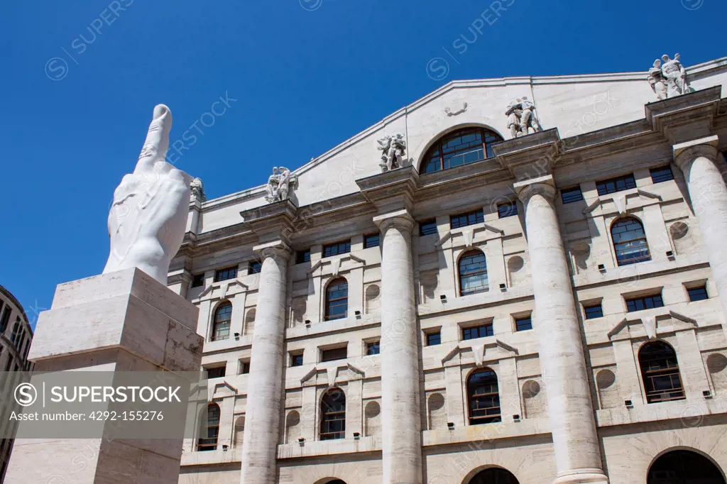 Italy, Lombardy, Milan, the stock exchange in Piazza Affari and Cattelan sculpture