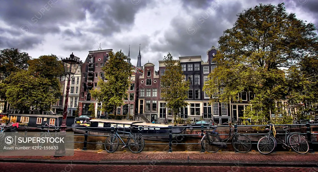 The Netherlands, Amsterdam, Historical buildings, houseboats, bikes