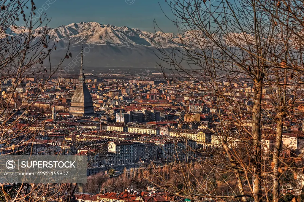 Italy, Piedmont, Turin, Cityscape with mountains in wintertime