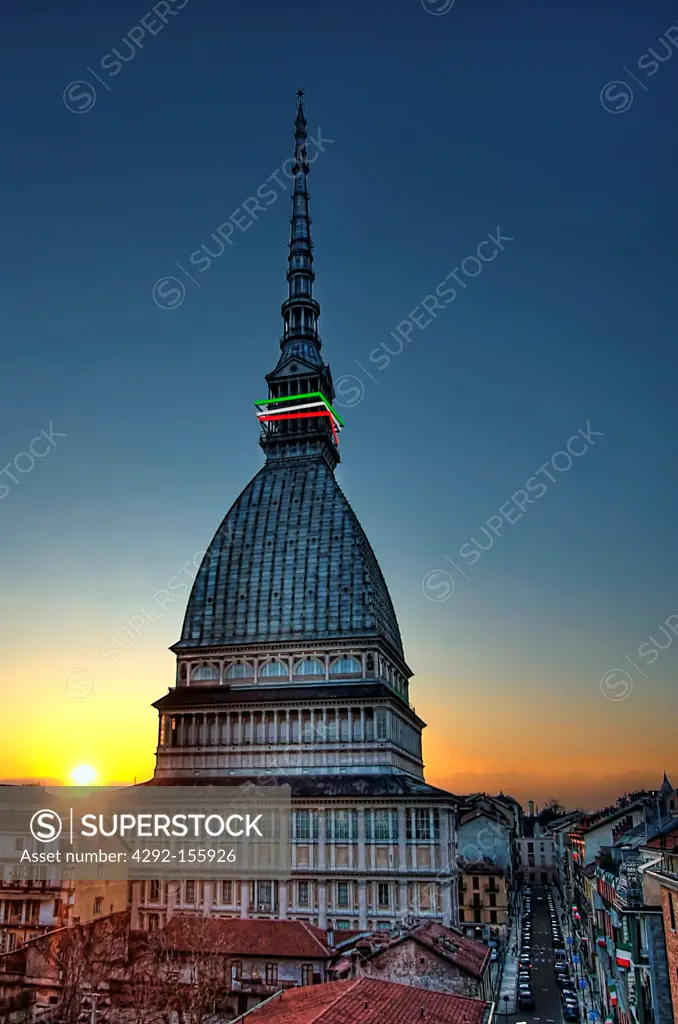 Italy, Piedmont, Turin, Mole Antonelliana at sunset