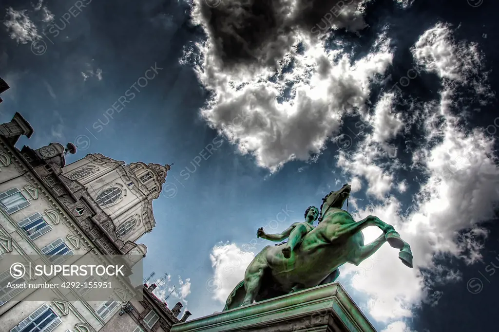 Italy, Piedmont, Turin, San Lorenzo Royal Chapel and staute on the Royal palace entrance