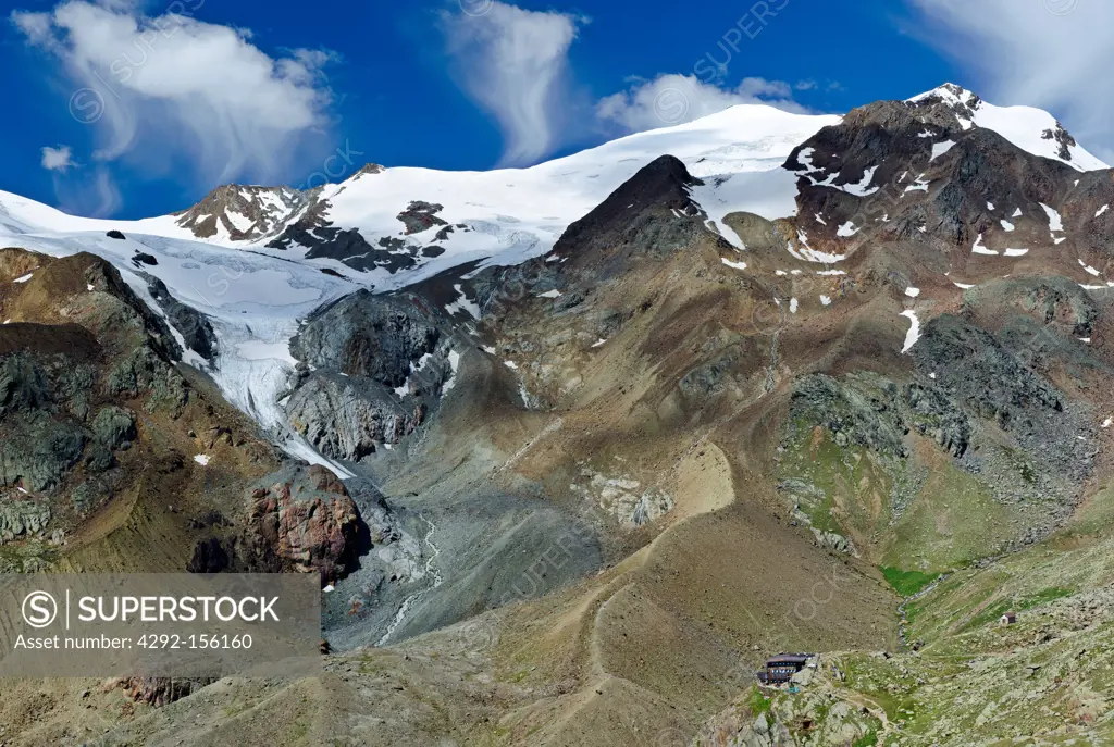 Italy, Central Alps, Stelvio National Park, Mt, Cevedale (3, 769 m ), La Mare Glacier, Mt, Rosole, Venezia Valley, Larcher Hut