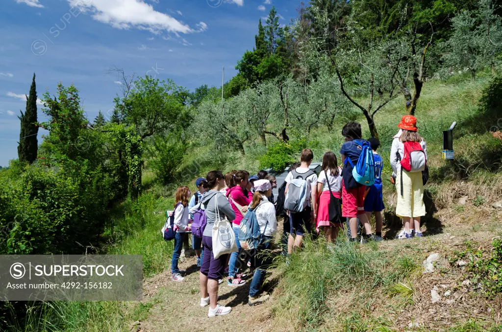 Italy, Lombardy, Valpredina Reserve (Wwf management), students visiting the Nature reserve , Prealpi Bergamasche (the foothills of the Alps of Bergamo)