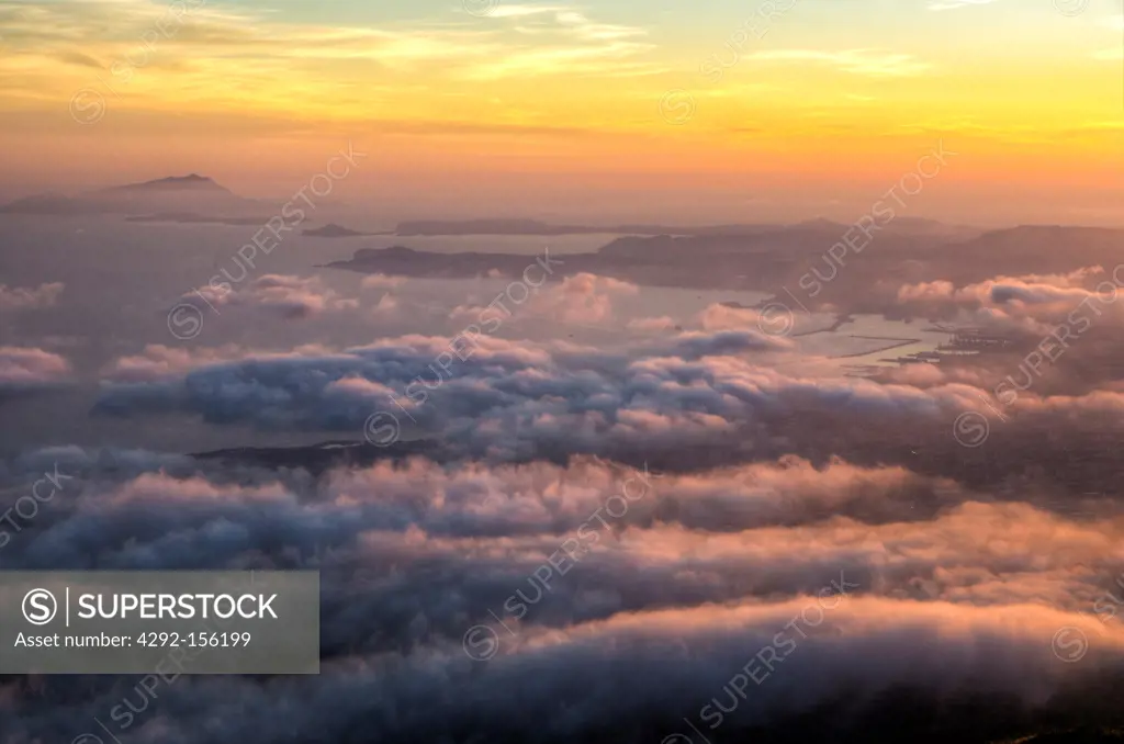 Italy, Campania, Vesuvius National Park, From Mt, Vesuvius: Gulf of Naples (sunset), Naples (harbour), Poillipo Cape, Nisida Islet, Ischia Island