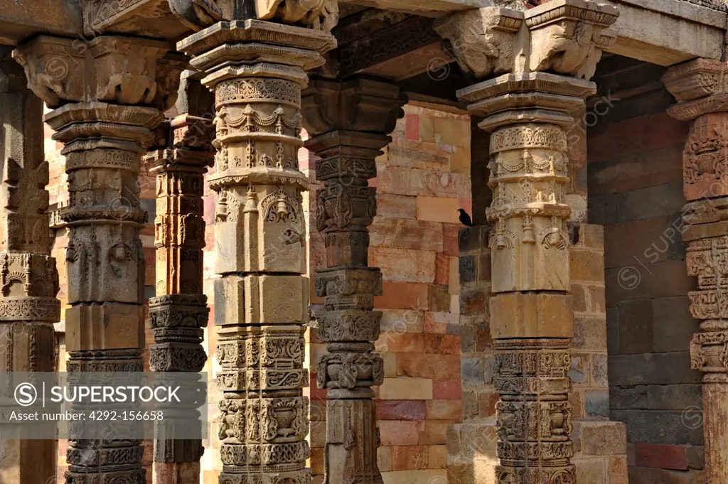India, New Delhi, Qutub Minar,UNESCO world Heritage, temple columns