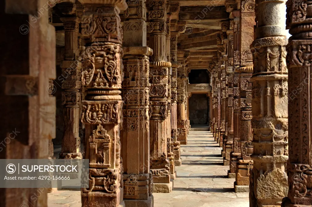 India, New Delhi, Qutub Minar,UNESCO world Heritage, temple columns