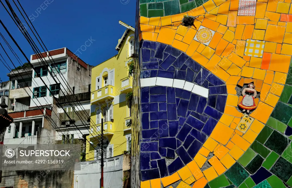 Brazil, Rio de Janeiro, Santa Teresa stairs, Escadaria Selarón, detail