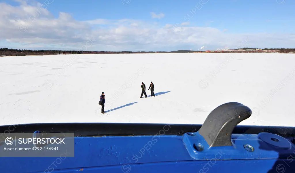 Europe, Sweden, Pitea, people from icebreaker ship walking on ice