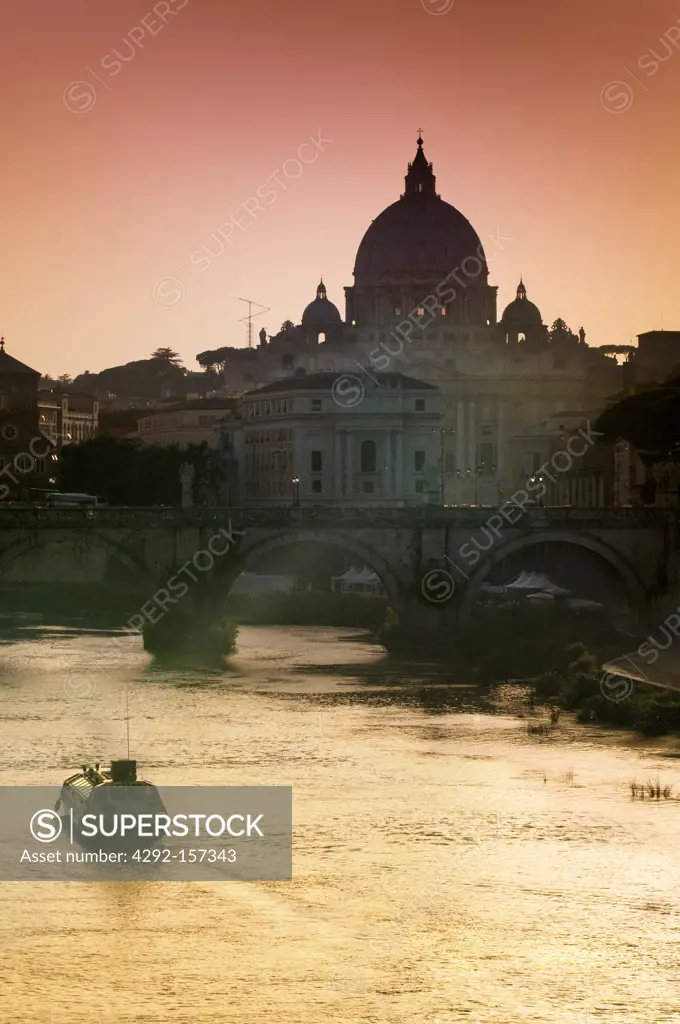 Italy, Lazio, Rome, Vatican, Tevere River, Saint Peter Basilica at Sunset