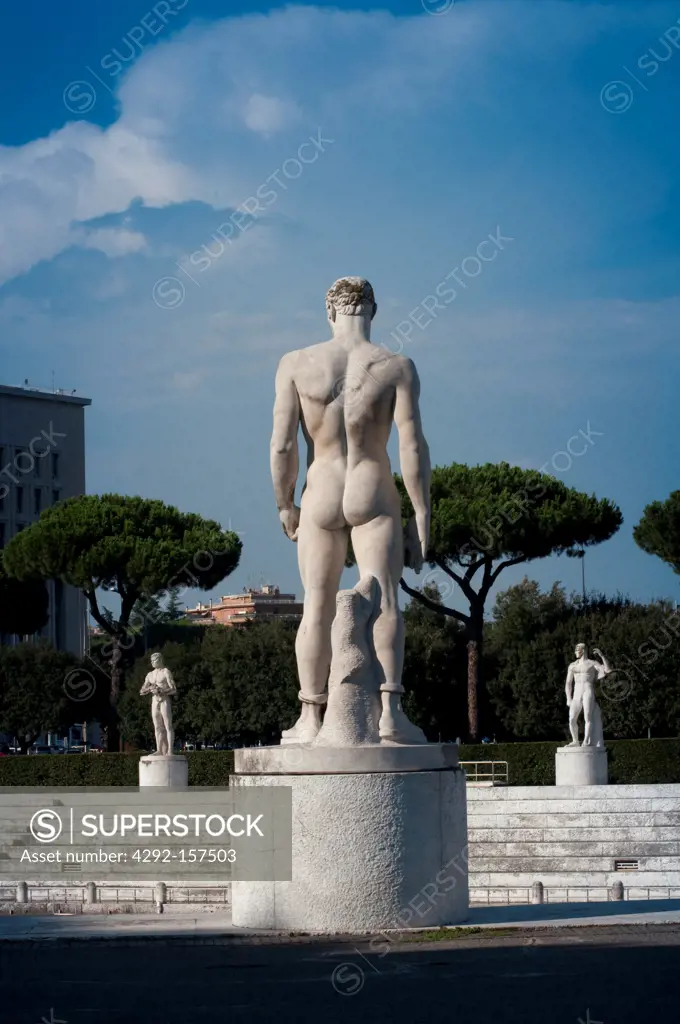 Italy, Lazio, Rome, Foro Italico, Marbles Statues and the Olympic Stadium