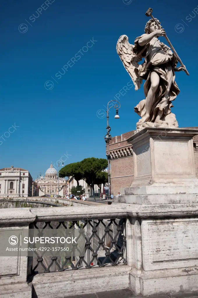 Italy, Lazio, Rome, Vatican, Tiber River, Ponte Sant'Angelo Bridge background St. Peter's Basilica