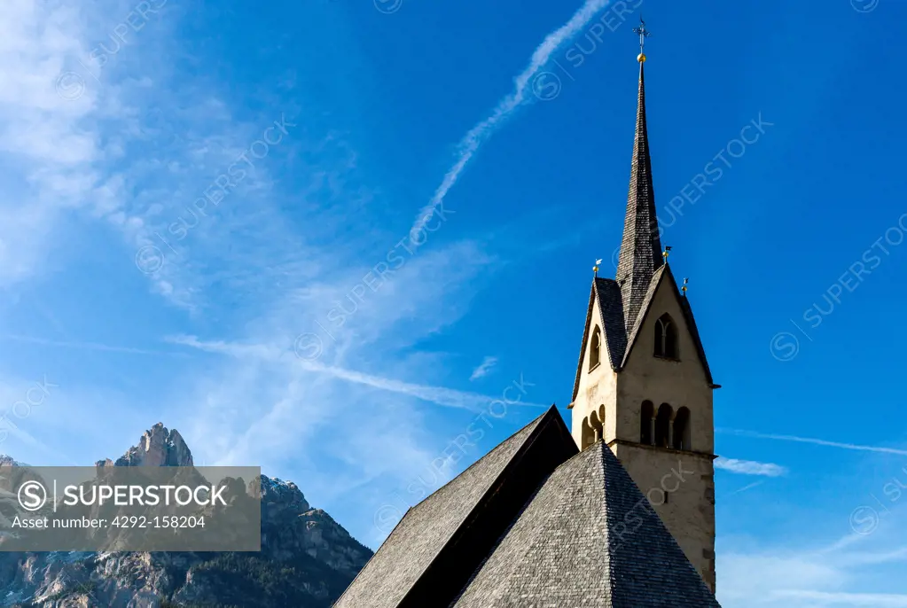 Italy, Dolomites, Trentino Alto Adige, Pozza di Fassa, the parish church bell tower