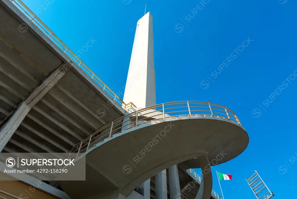 Italy, Florence, the Maratona tower and the helical ramp of the Artemio Franchi football stadium designed by Pier Luigi Nervi