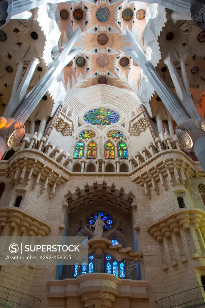 Spain, Barcelona, the interior of La Sagrada Familia designed by architect Antoni Gaudí¬ i Cornet.