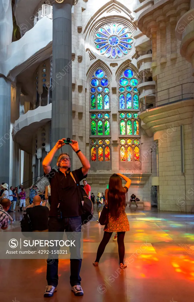 Spain, Barcelona, the interior of La Sagrada Familia designed by architect Antoni Gaudí¬ i Cornet.