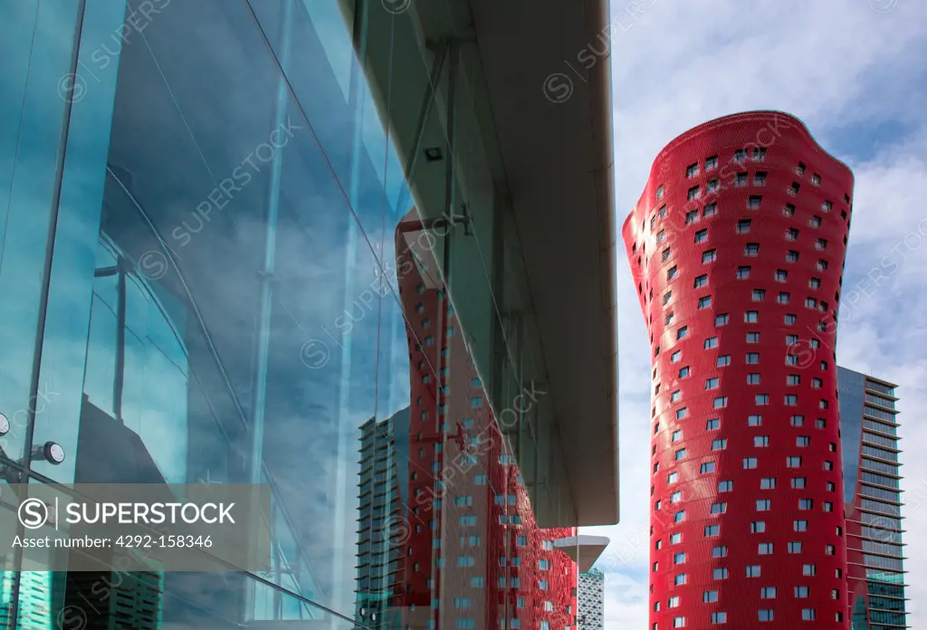 Spain, Barcelona, the towers of the architect Toyo Ito, in the area of the Fair.