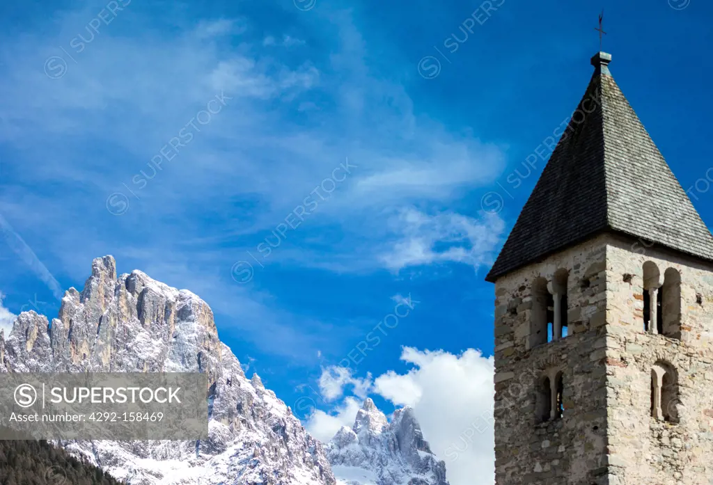 Italy, Dolomites, Trentino Alto Adige, the bell tower of San Martino di Castrozza church