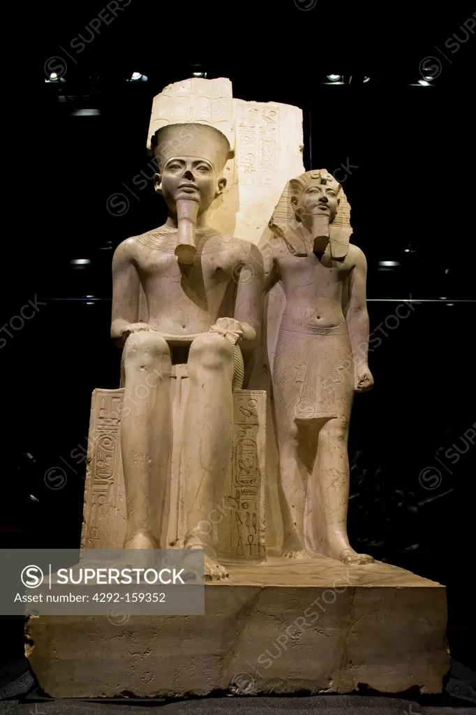 Italy, Piedmont, Turin, Egyptian Museum, Statuary room, the God Amon with pharaoh