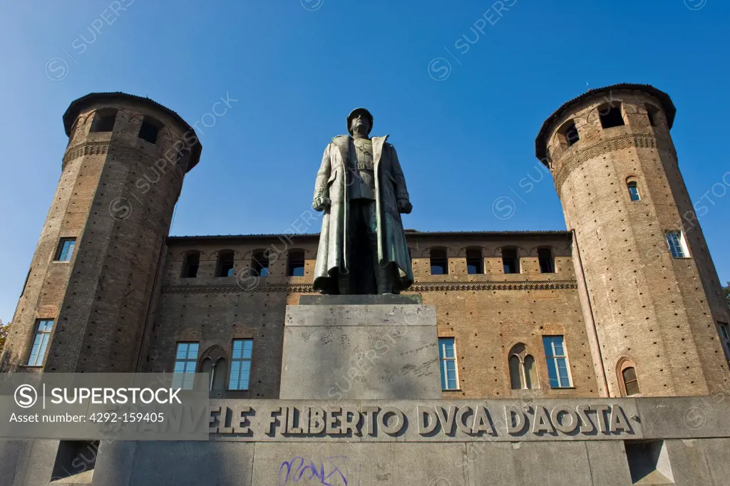 Italy, Piedmont, Turin. Castello Square,Piedmont, Emanuele Filiberto Duca d'Aosta Monument.